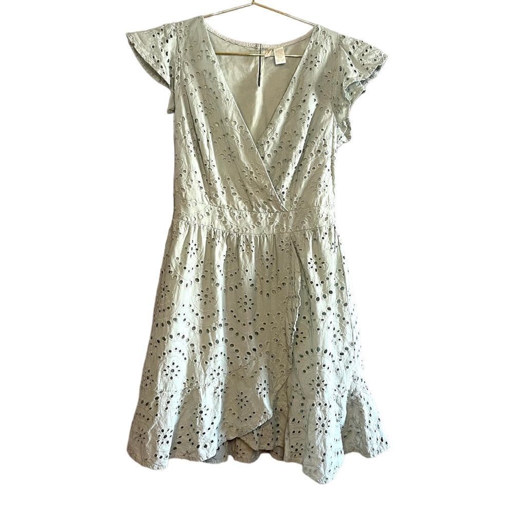Japna Light Green Eyelet Flutter Sleeve Embroidered Ruffle Mini Dress | SZ L
